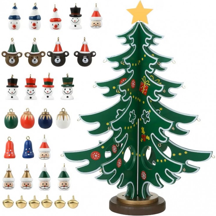 Brad 3D cu 30 de Ornamente de Craciun din lemn,Rosu/Verde