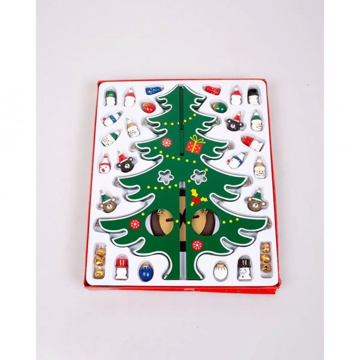 Brad 3D cu 30 de Ornamente de Craciun din lemn,Rosu/Verde