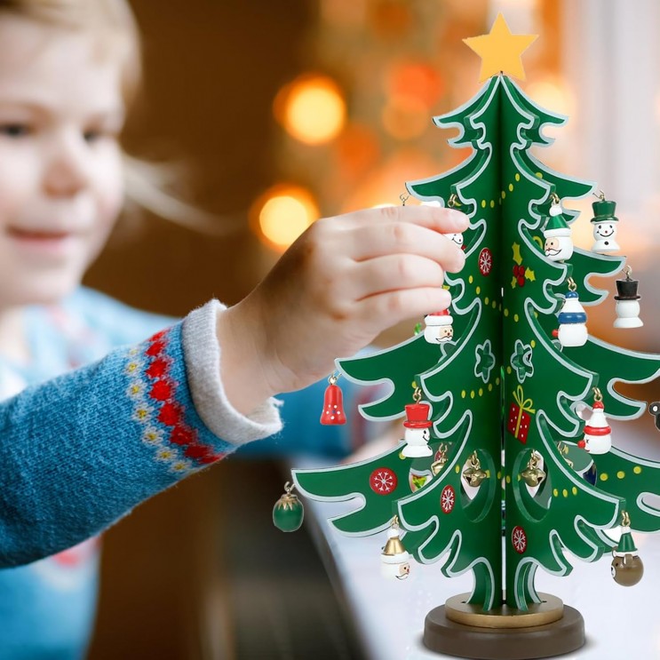 Brad 3D cu 30 de Ornamente de Craciun din lemn,Rosu/Verde