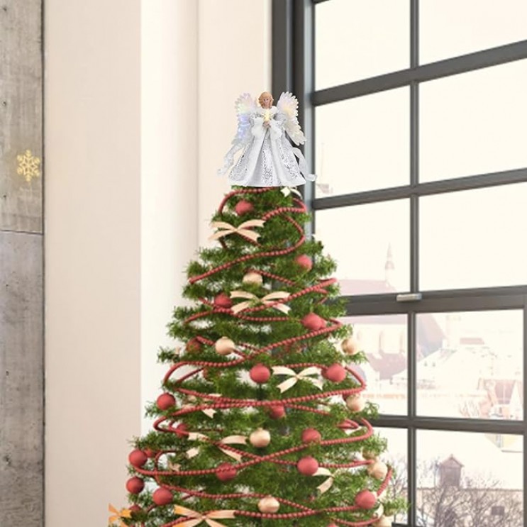 Înger Luminos Vârf Brad Crăciun cu Aripi Mișcătoare, Rochie Dantelată și LED, Decor Festiv Elegant 30,5 cm