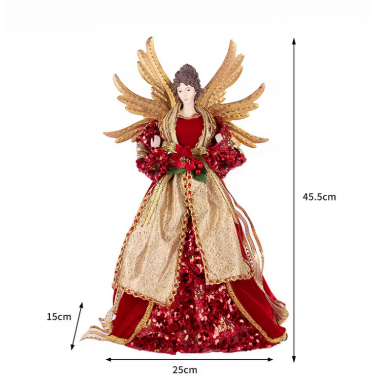 Inger Crăciun Delux, Varf de brad,Rosu cu Paiete si Aripi aurii,45.5cm