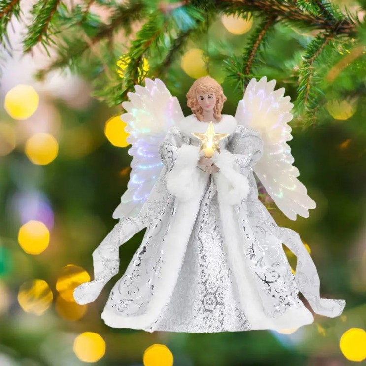 Înger Luminos Vârf Brad Crăciun cu Aripi Mișcătoare, Rochie Dantelată și LED, Decor Festiv Elegant 30,5 cm