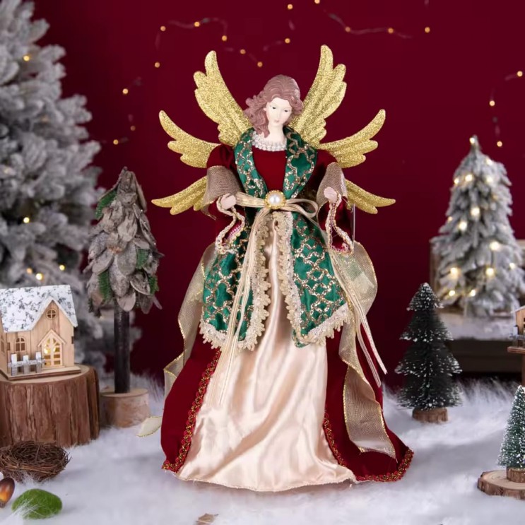 Inger Crăciun Premium, Varf de brad,Bordo si Verde Aripi Aurii,40 cm