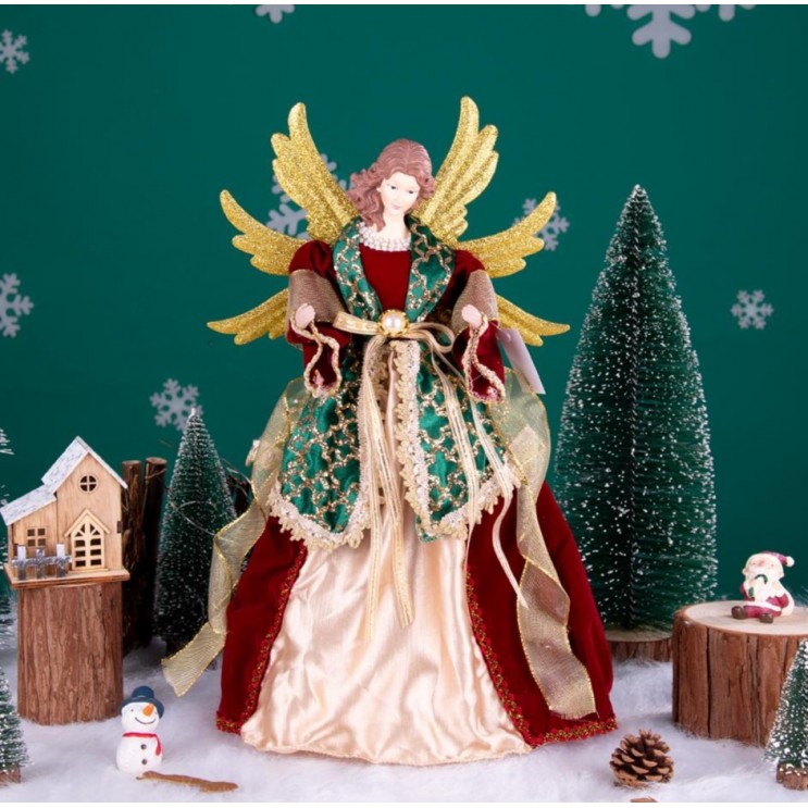 Inger Crăciun Premium, Varf de brad,Bordo si Verde Aripi Aurii,40 cm